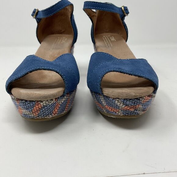 Toms Wedge Heel Shoes 7.5 Blue Suede Geometric Open Toe Sandals Ankle Strap - Picture 4 of 15
